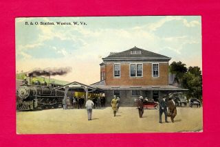 Weston,  Wv,  Pc B & O Railroad Station With Train,  People,  Wagons,  Etc,  1915