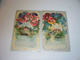 2 Vintage Postcard Birthday Baskets Of Flowers Outlined In Gold 1907 1908