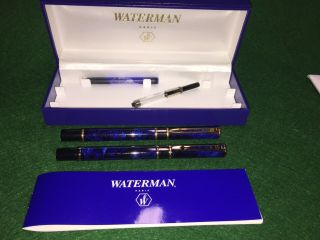 Waterman Laureat Blue Marble & Gold Fountain Pen And Rollerball Pen Set