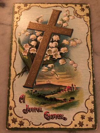 “joyful Easter To You” Cross With Flowers Vintage Postcard - Printed In Germany
