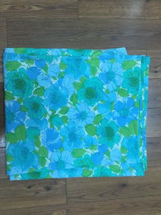 Vintage Sheet Flat Full Double Blue Green Aqua Floral Cotton Blend Bright