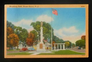 1950s Broadway Park Old Cars Statue Flag Ocean Grove Nj Monmouth Co Postcard