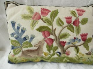 Vintage Crewel Embroidery Needlework Pillow Tree Deer Bird Flowers