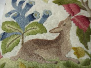 Vintage Crewel Embroidery Needlework Pillow Tree Deer Bird Flowers 2