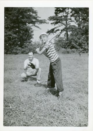 Vintage Photo Of A Happy Boy Playing Baseball.  Waiting For A Pitch