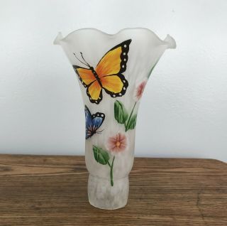 Vintage Hand Painted Satin Glass Hurricane Lamp Shade Chimney 1 3/8 " Fitter