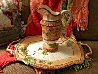Fitz And Floyd Mediterraneo Classics Pitcher And Serving Tray Ivy Overlay