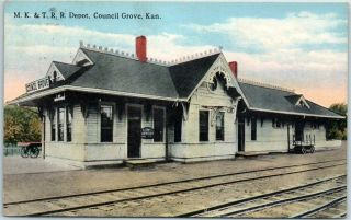 Council Grove,  Kansas Postcard " M.  K.  &t.  R.  R.  Depot " Katy Railroad 1910 Cancel