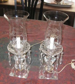 Vintage Hurricane Lamps 2 All Glass And Metal Old Set Etched Shades