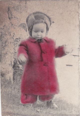 1940s Cute Little Baby Boy Or Girl In Coat Hat Hand Tinted Soviet Russian Photo