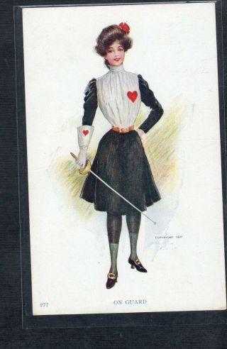 E426 Postcard Artist Signed 1907 Woman With Sword Fencing
