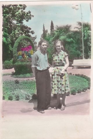 1957 Pretty Couple In Park Young Man Woman Hand Tinted Old Soviet Russian Photo