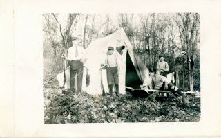 Antique Rppc - 4 Young Men With Sign On Tent That Reads " Hunter,  Trapper,  Trader "