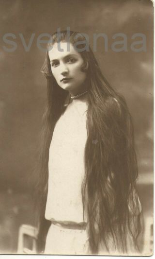 1910s Young Woman Girl Very Long Hair Pearl Russian Antique Photo