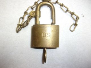 Vintage American Lock Co - U.  S.  Solid Brass Padlock With Key And Chain