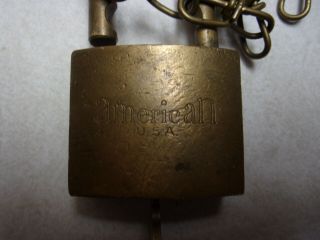 Vintage AMERICAN LOCK CO - U.  S.  Solid Brass Padlock With Key and chain 2
