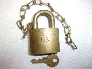 Vintage AMERICAN LOCK CO - U.  S.  Solid Brass Padlock With Key and chain 3