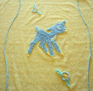 Vintage Chenille Baby Bedspread Blanket Sweet Blue Lamb On Yellow Ground Minty