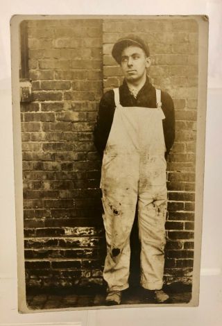 Vintage 1910s Factory Worker Laborer Overall Alley Portrait Photo Rppc
