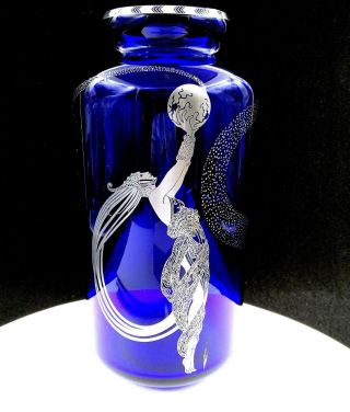 Franklin Signed Erte Cobalt Blue & Platinum Fireflies 10 " Vase And Pamphlet