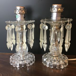 Matching Set Of 2 Vintage Antique Crystal Glass Lamps With Prisms