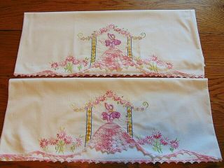 2 Southern Belle Pillowcases Hand Embroidered With Crocheted Skirt Pink