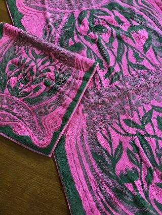 Vintage Mid Century Sculpted Pink & Green Floral Terry Bath & Hand Towels