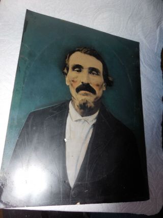 Antique Hand Painted Tintype Photograph Somber Man With Goatee
