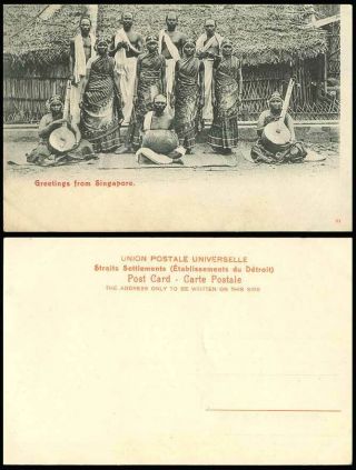 Singapore Greetings From Old Postcard Indian Hindu Musicians Sitar Dancing Girls