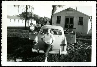 Vintage Photo Teen Girl Poses In Front Of Vintage Old Car Rolled Jeans 1950 