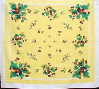 Vintage Tablecloth Yellow/white And Cherries 50 " X 52 "