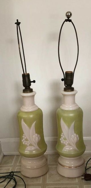 Vintage Aladdin Alacite Ivory Green Electric Table Lamp Set Lily Of The Valley