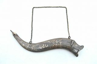 Vtg Indo Persian Mughal Silver Damascened Alligator Gun Powder Flask Barutdan