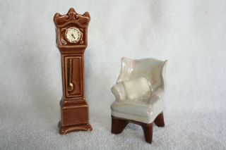 Arcadia Miniature Grandfather Clock And Wing Back Chair Mini Salt And Pepper