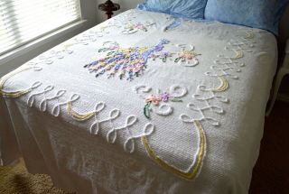 Vintage 1950s Chenille Bedspread Cutter Peacock Design 11 Colors Full Size