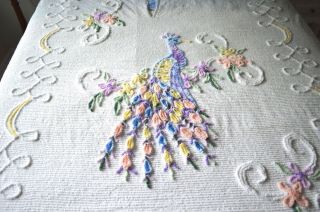 VINTAGE 1950s CHENILLE BEDSPREAD CUTTER PEACOCK DESIGN 11 COLORS FULL SIZE 2