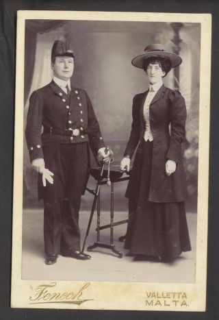 Cab1206 Victorian Cabinet Photo: Gent In Uniform & Lady,  Fenech,  Valetta,  Malta
