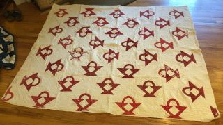Vintage Red And White Quilt With Baskets 83 " By 69 "