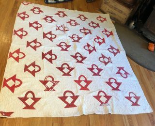 VINTAGE Red And White Quilt with Baskets 83 