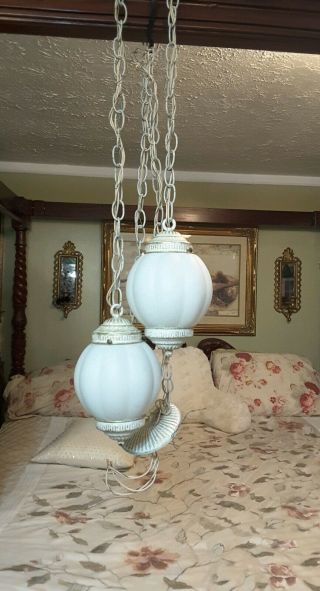 Vtg Mcm Shabby Chic Glass Double Globe Swag Chain Lights Hanging Fixture