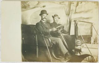 Antique Rppc Real Photo Postcard - Men Posing In Studio Prop Car
