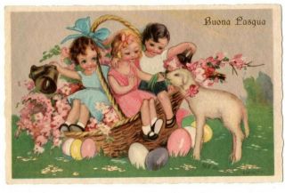 Happy Easter Buona Pasqua Children Eggs Lamb Chiostri Artist Signed Postcard