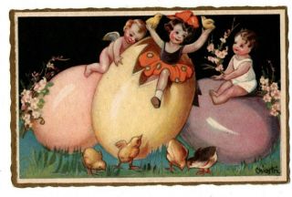 Happy Easter Greetings Children Eggs Chicks Bow Chiostri Artist Signed Postcard