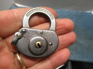 Odd shaped old miniature padlock lock YALE & TOWNE with a key.  n/r 2