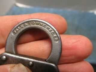 Odd shaped old miniature padlock lock YALE & TOWNE with a key.  n/r 3