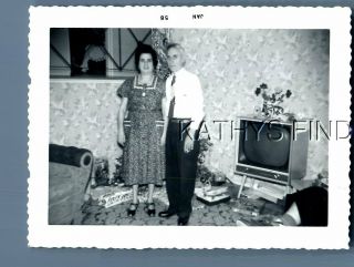 Found B&w Photo N,  3380 Man And Woman Posed By Christmas Tree And Presents