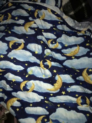 Blue Stars Moons Crescent Moon Queen Flat Jersey Like Sheet Bright Craft Fabric