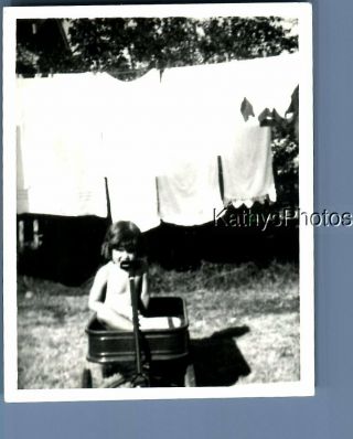 Found B&w Photo A_5432 Little Girl Sitting In Wagon By Clothes On The Line