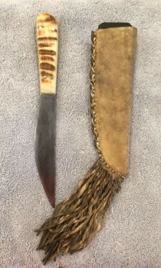 Hand Forged Rustic 9 " Sheep Horn Full Tang Hunting Knife W/sheath
