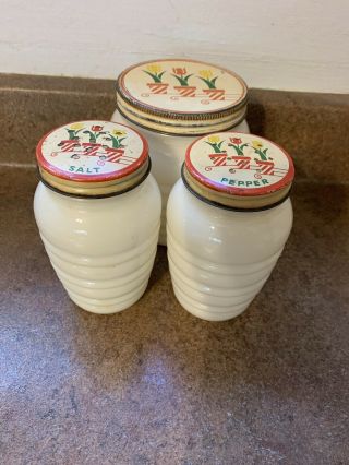 Vintage Fire King Tulip Shakers Salt Pepper Milk Glass Jars And Grease Jar Retro